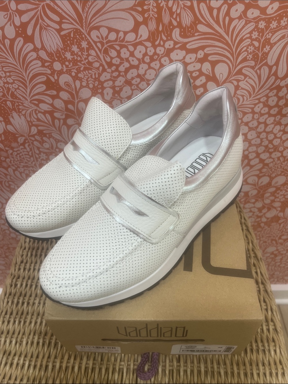 Vaddia White Chalk Perforated Slip-On Sneakers with Metallic Silver Trim